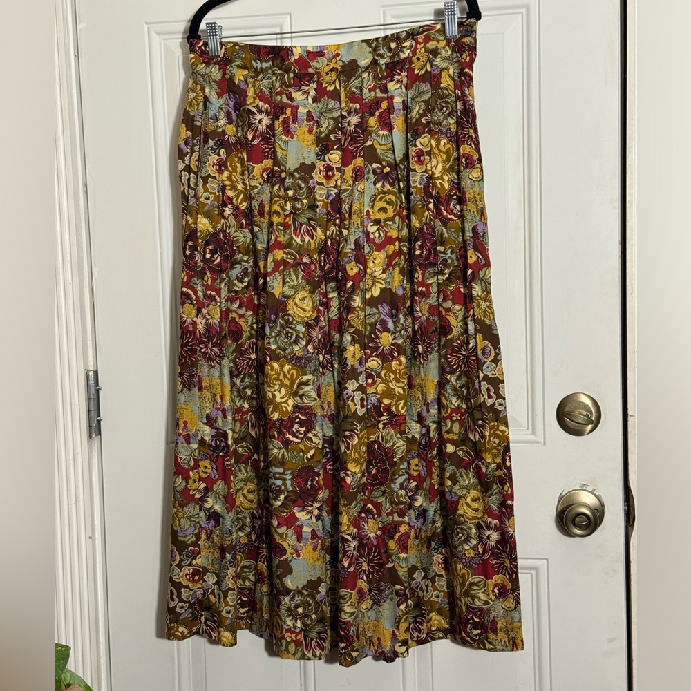 Vintage Charter Club Pleated Midi Skirt Floral Boho Rayon Size 12